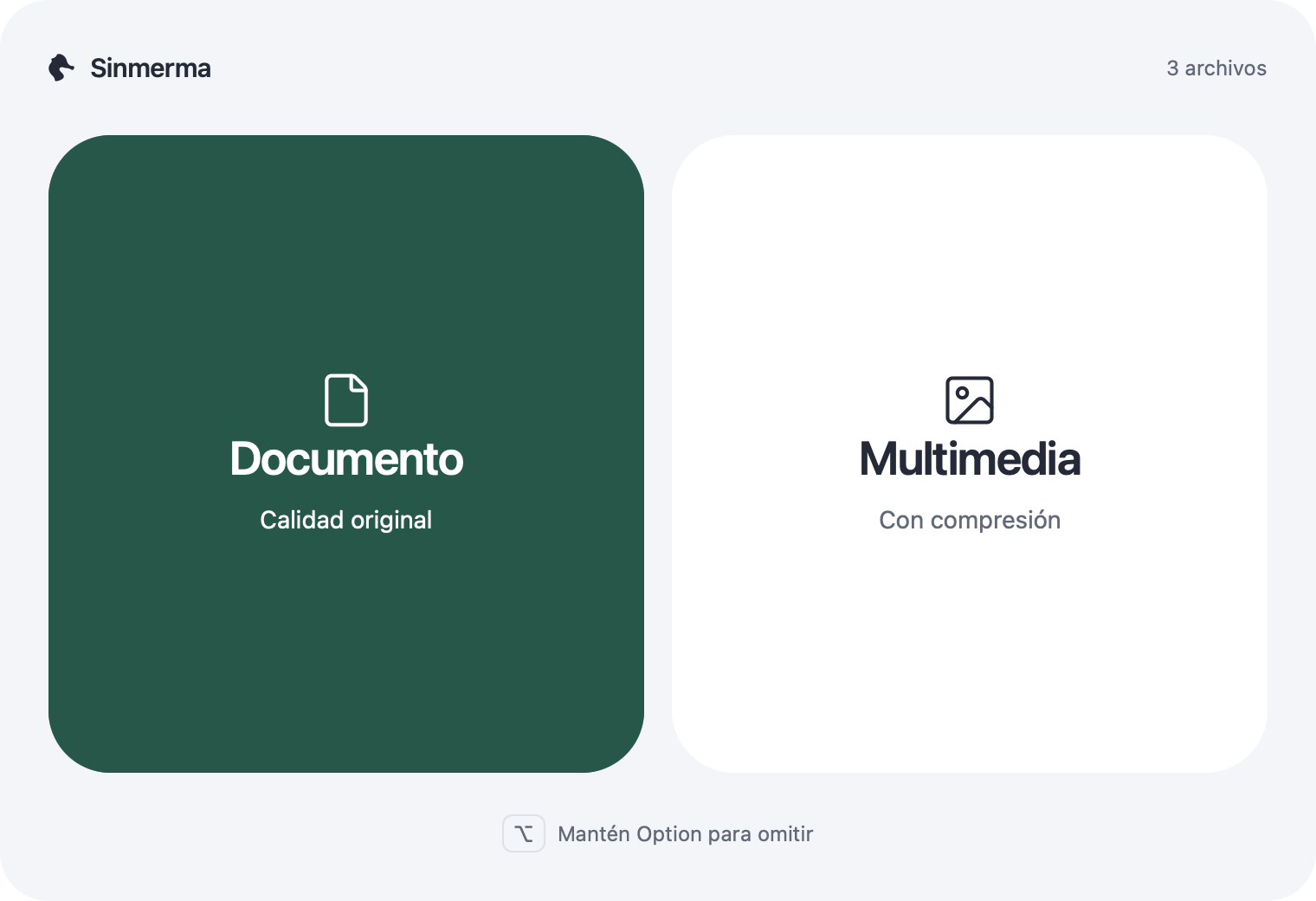 La capa de Sinmerma sobre WhatsApp, con la zona Documento resaltada y la zona Multimedia al lado