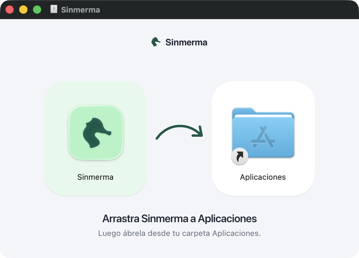 Ventana del instalador: el icono de Sinmerma, una flecha y la carpeta Aplicaciones