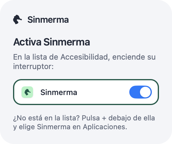 Tarjeta «Activa Sinmerma» con la fila de Sinmerma y su interruptor encendido