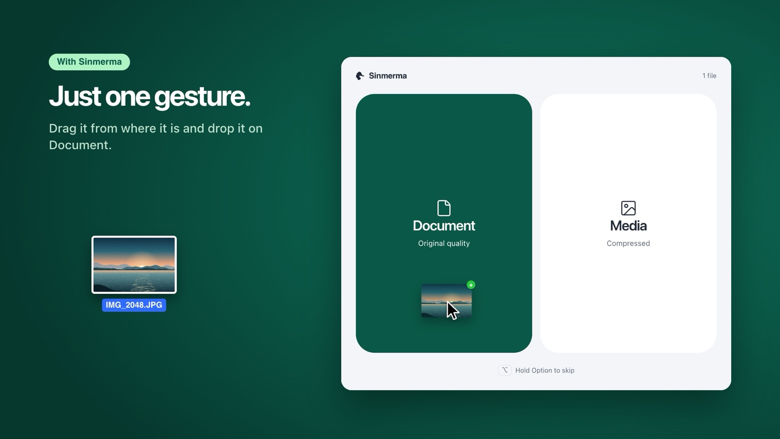 Sinmerma over WhatsApp for Mac: the Document and Media zones that appear while dragging a photo